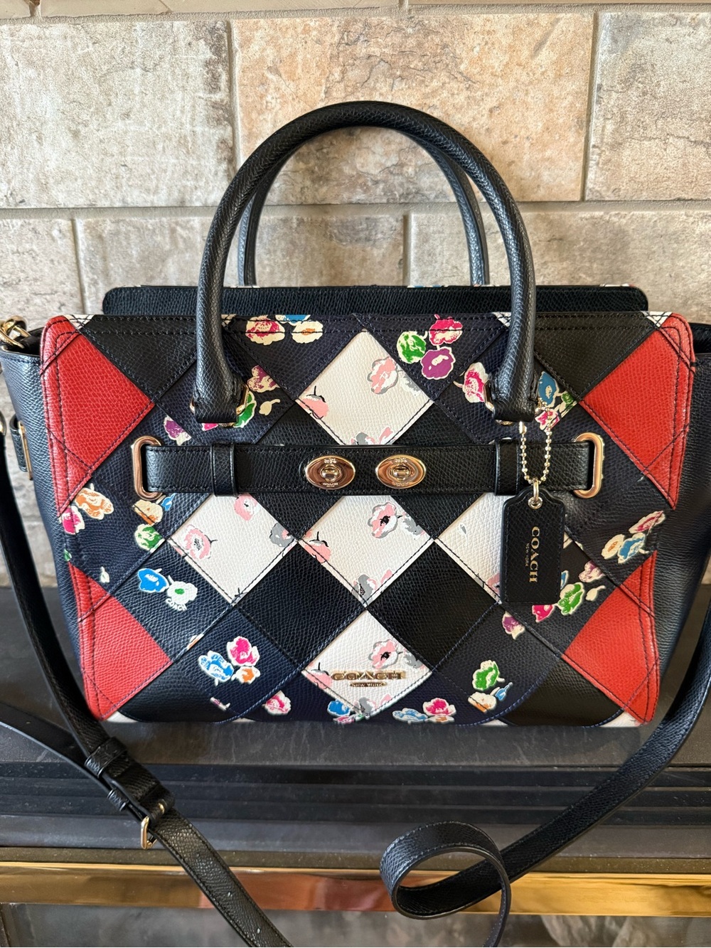 Coach Floral Patchwork Leather Satchel - Black & Red